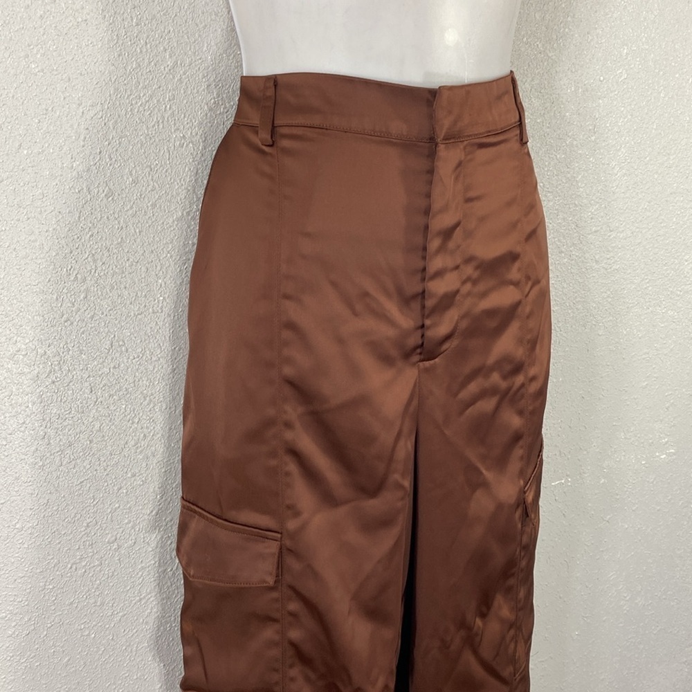 House of Harlow 1960 Chocolate Brown Satin Cargo Pants 8 - Picture 4 of 9